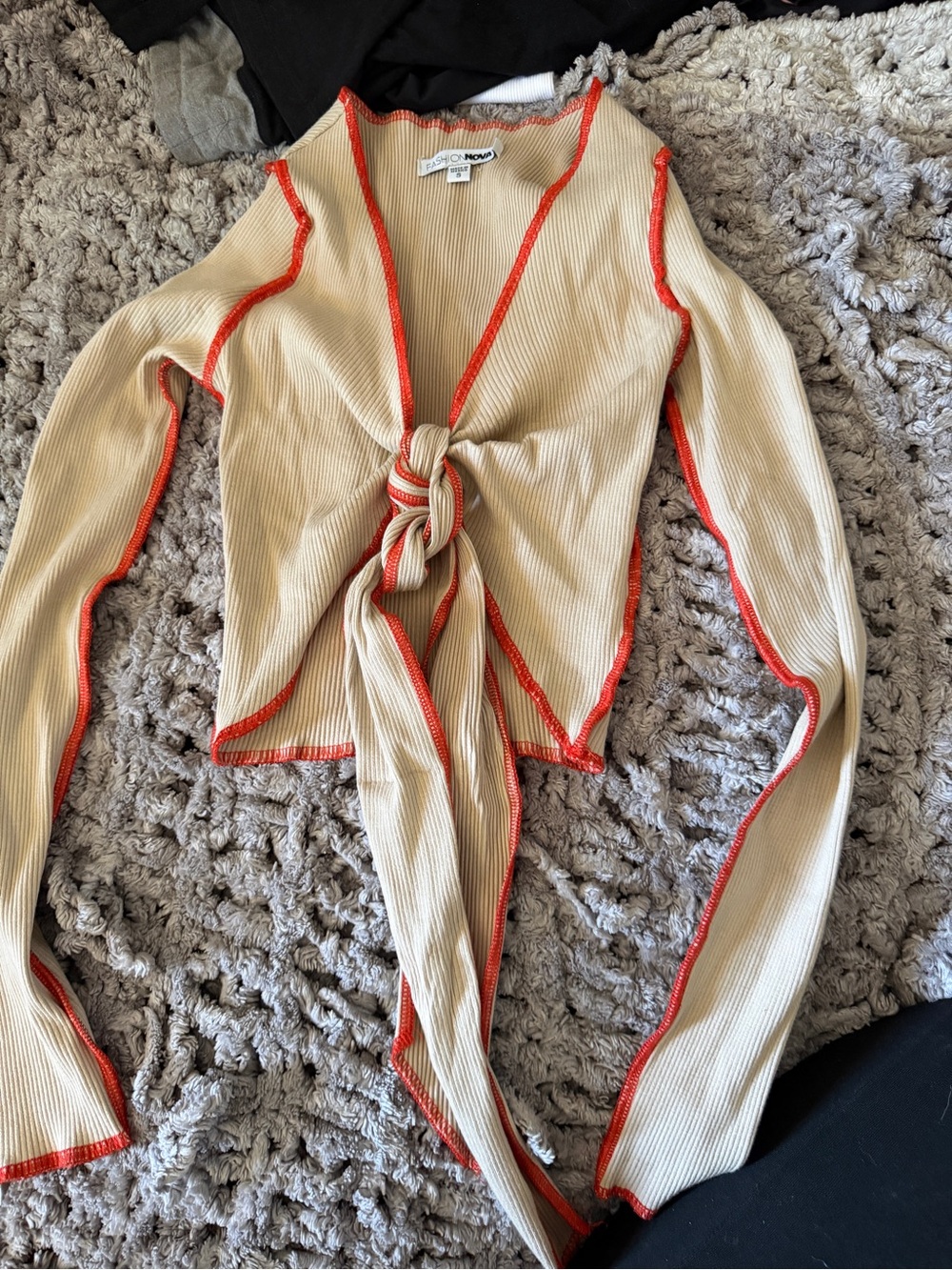 Fashion Nova Beige Ribbed Tie-Front Top with Orange Trim